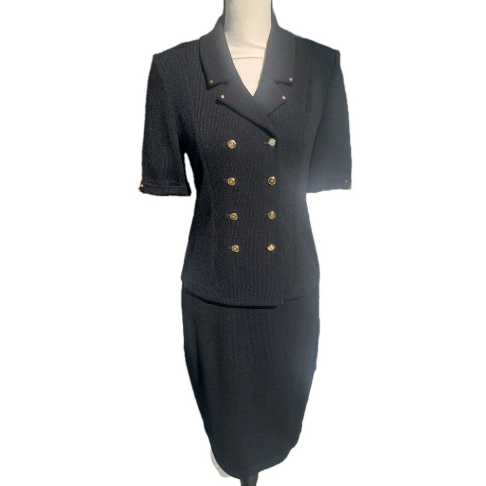 St John Collection Marie Gray Santana Knit Jacket Skirt Suit Black Sz 4 Gold Btn